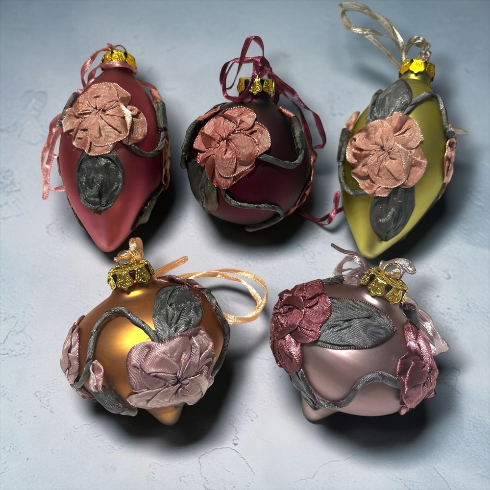 Set of 5 Glass Katherine"s Collection Floral Fabric Embossed Christmas Ornaments